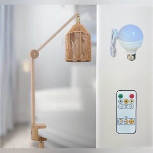 Rattan Wireless Lamp  With Woden Mobile Clamp  Arm, Boho LED